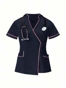 Conjunto de uniformes médicos: Parte superior de cuello en V de manga corta y pantalones para trabajadores de la salud - Azul profundo - Ver 5