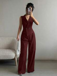 Conjunto de 2 piezas de ropa de otoño: top sin mangas y pantalones de unicolor - Burdeos - Ver 1