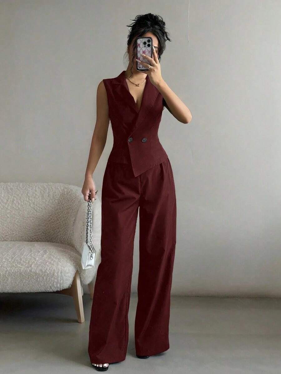 Conjunto de 2 piezas de ropa de otoño: top sin mangas y pantalones de unicolor - Burdeos - Ver 1