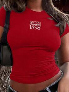 Nueva Ropa 2026 , Camiseta Casual de Manga Corta para Mujer, Verano, con Estampado de Letras, Cuello Redondo, Camisetas Gráficas, Tops para Mujer - Rojo - Ver 6