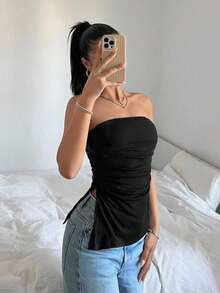 Top bandeau con pliegues en el bajo en color borgoña sólido - Uso casual diario, para usar en el Día de San Valentín - Negro - Ver 7