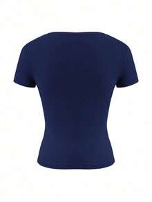 Camiseta ajustada de manga corta con cuello en V de unicolor para mujer, estilo Y2K sexy, adecuada para uso diario casual, blanco verano - Azul marino - Ver 4