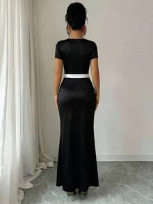 YHHRafferiza Nuevo vestido de Body ceñido con cuello cuadrado elegante y abertura en la cintura, estilo europeo y americano para mujeresYHH - Blanco y Negro - Ver 2