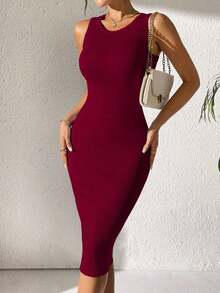 Vestido casual de mujer de unicolor, acanalado y ajustado sin mangas - Burdeos - Ver 4