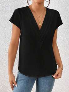 Blusa de mangas de murciélago sólidas, cuello en V, blusas de manga corta - Negro - Ver 5
