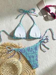 Swim Mod Conjunto de bikini sexy para mujer con estampado floral de verano, copa push-up y cuello halter con lazo - Multicolor 12 - Ver 2