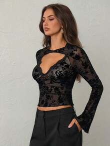 Blusa de manga larga con cuello en V profundo, transparente y con detalles de encaje negro para mujeres - Negro 2 - Ver 8