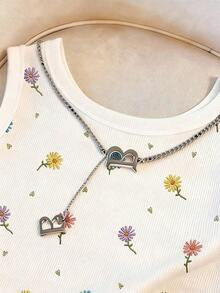 Camiseta de tirantes con cuello redondo, estampado de flores de cerezo y recorte de concha para mujer - Multicolor 3 - Ver 4