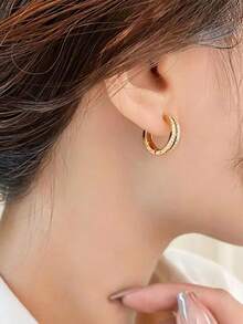 1 Pair Exquisite Earrings - Perfect Fusion Of Fashion And Elegance, Double-Layer Design, Gold Earring Clasp Stacking Effect, Suitable For Young Ladies And Students, Copper Micro-Inlaid Earrings - Gold Double-layer Double-row Diamond Earrings - View 4
