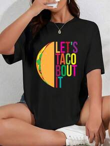 1 Piece VIVA MEXICO, TOCO TUESDAY, Corn Tortilla Element, Women's Plus Size Top With Mexican Theme Print, Round Neck, Short Sleeve, 31. Casual, Fashionable, Comfortable, Round Neck, Short Sleeve, Popular Now, New High-End Arrivals, Popular Item, For Couples, Best Friends, Matching Sets For Family, Fashionable Women's T-Shirt, Suitable For All Seasons (Spring, Autumn, Winter), 180g, 100% Cotton. - 黑色 - 查看 1