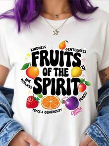 Women's Casual T-Shirt, Crew Neck, Short Sleeve | Fruits Of The Spirit Christian Design With Colorful Fruits And Inspirational Words Heat Transfer Print | Spiritual Message And Vibrant Artwork 100% Durable Cotton - 白色 - 查看 1