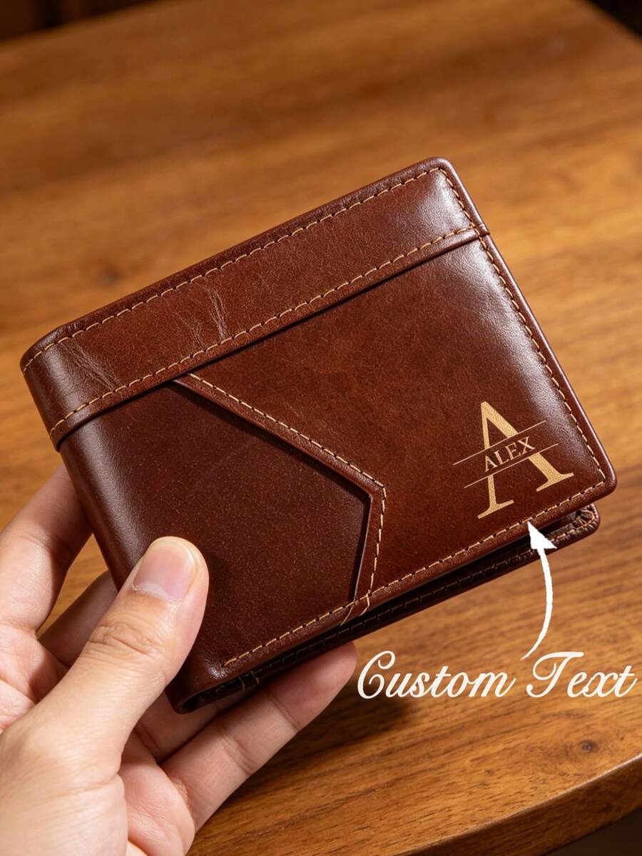 1pc Customized Genuine Leather Wallet, Father's Day Gift, PU Leather Wallet, Gift For Father/Grandfather/Husband, Thanksgiving Gift, Personalized Men's Wallet, Dad's Birthday Gift, Gift For Him, Christmas Gift - Brown - View 1