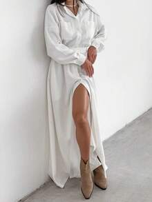 Vestido camisero francés con cuello solapa 2026, corte ajustado, estilo elegante y moderno. - Blanco - Ver 4