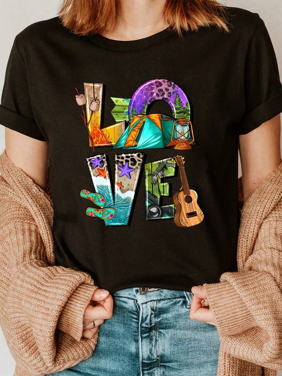 Modern Letter Print T-Shirt For Camping Lovers, Casual Short Sleeve Top With Round Neck, Suitable For Summer And Spring, Women's Clothing. - Black - View 1