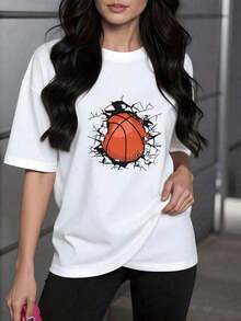short-sleeveCamiseta de mujer con estampado de baloncesto agrietado,diseño deportivo casual y moderno,ideal para un look cómodo y con estilo.Blusas de Cuello Redondo 100% Algodón Para Mujer Casual 100% Algodón - Blanco - Ver 5