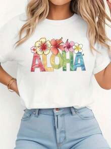 1 Pieza Moda Informal Para Hombres Y Camiseta de Mujer hawaiana para mujer con estampado gráfico ALOHA, diseño floral tropical y texto ALOHA, cuello redondo ligero, ropa casual para verano, playa o fiestas, regalo para mujeres, conjunto de ropa para fiestas temáticas hawaianas, prenda Versátil, fácil de combinar, adecuado para el uso diario, estilo urbano, conjuntos de vacaciones, conjuntos de fin de semana. - Blanco - Ver 7