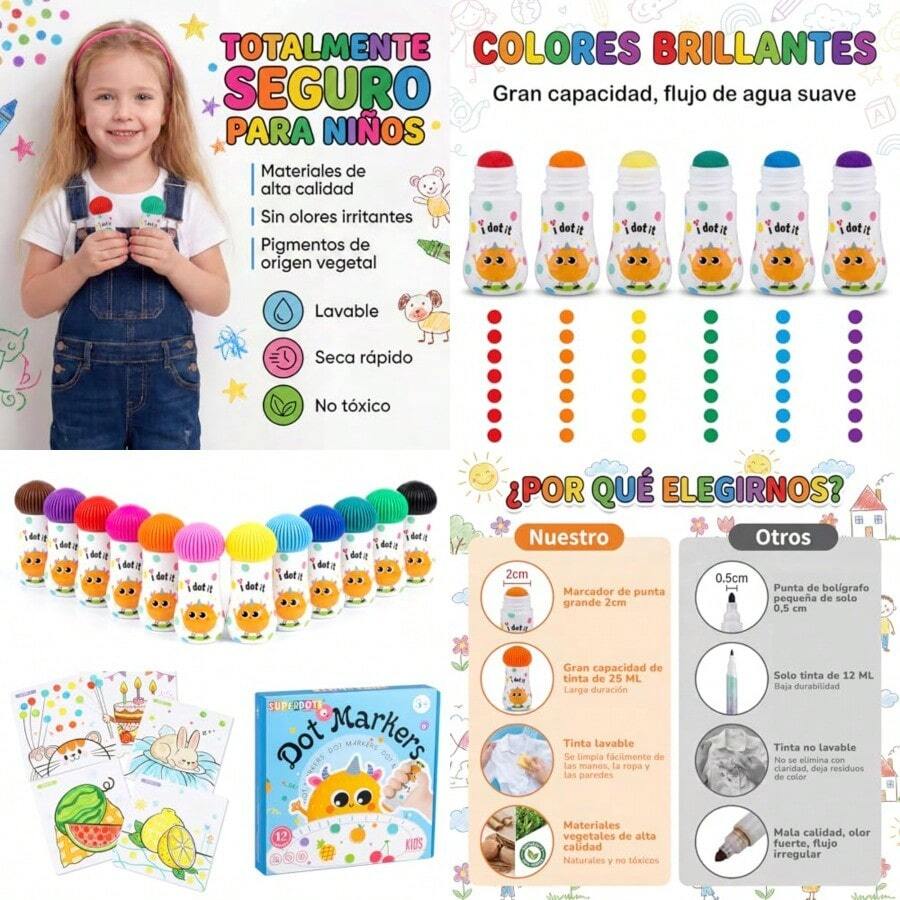 Dot Markers - 12 Colores Marcadores Lavables para Niños con 12 Papeles para Dibujar Sin Tóxicos y Fáciles de Agarrar Ideal para Dibujar Colorear y Aprendizaje Temprano - Exquisito - Ver 1