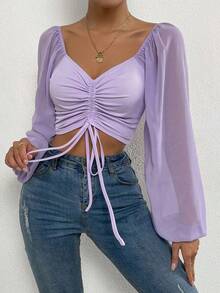 Blusa de manga farol con cuello de corazón y pliegues, corta - Lila Púrpura - Ver 4