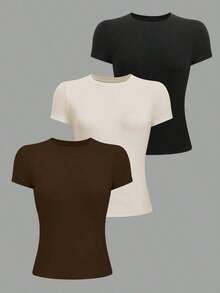 Camiseta casual de manga corta y cuello redondo ajustada para mujer, color café - Multicolor 4 - Ver 3