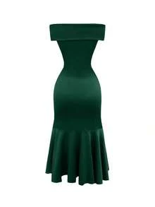 Vestido ajustado con hombros descubiertos y efecto retorcido, sexy y elegante para mujer - Verde - Ver 2