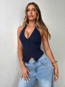 Top halter con cuello en U sexy y diseño abierto en la espalda para mujeres - Azul marino - Ver 7