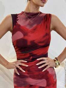 Vestido midi de Body con estampado abstracto rojo sin mangas, adecuado para el verano - Multicolor - Ver 4