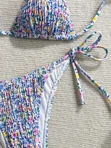 Swim Mod Conjunto de bikini sexy para mujer con estampado floral de verano, copa push-up y cuello halter con lazo - Multicolor 6 - Ver 4