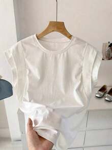 Camiseta de mujer de manga corta y corte regular en color amarillo con diseño clásico y estilo de murciélago, top de algodón amarillo sólido para verano - Multicolor 3 - Ver 5