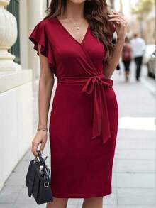 Vestido midi con estampado floral y cuello en V con mangas cortas, elegante para vacaciones - Rosa Roja - Ver 7