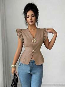 Flora Isola Cárdigan elegante de mujer con cuello en V y decoración de hebilla metálica, cintura ajustada y mangas con volantes, blusa refinada para damas - Marrón - Ver 3