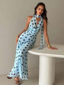 Vestido de mujer con cuello drapeado, línea A y espalda descubierta en color amarillo fluido - Azul - Ver 7