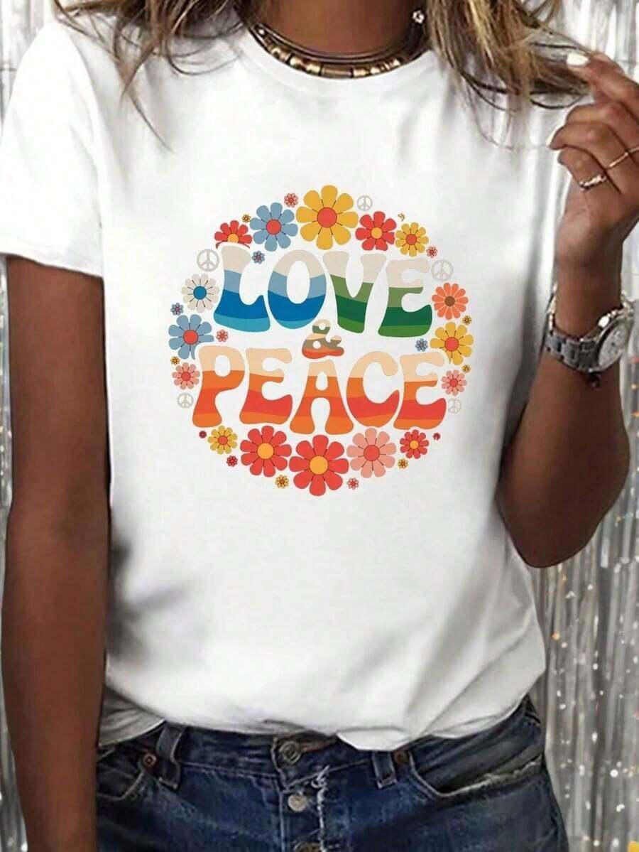 Women's Casual T-Shirts,Vibrant Floral Women's LOVE & PEACE Graphic T-Shirt Short Sleeve Crew Neck Casual Top With Peace Symbols, Everyday,Women's T-Shirt, Y2K Style, Summer Fashion Tees, Streetwear Casual Sets and Tops - Blanco - Ver 1