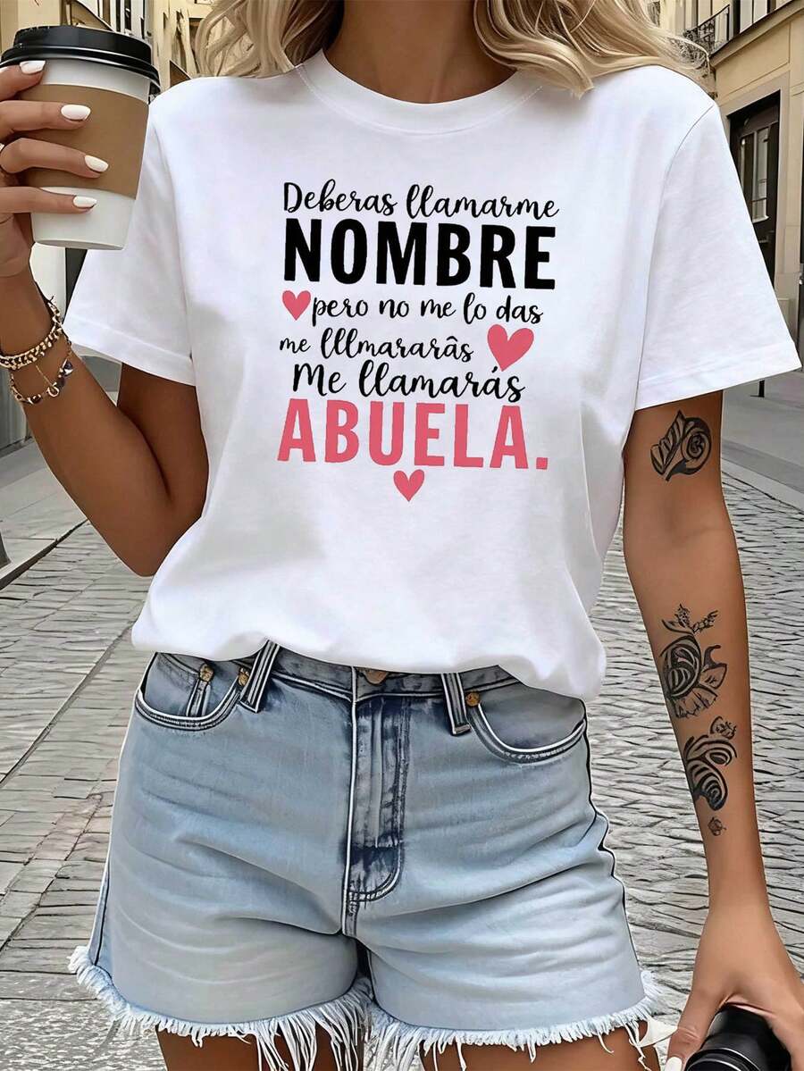 Women's Humorous "Grandma" T-Shirt In Spanish - "You Should Call Me NAME But You'll Call Me GRANDMA" Short Sleeve And Round Neck, A Gift For Grandmother's Day Suitable For Family Gatherings, Casual And Comfortable Wear With A Spanish Phrase - 白色 - 查看 1