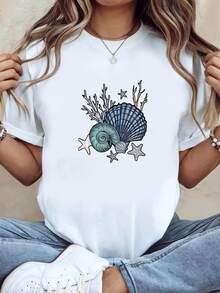 Camiseta de talla grande con estampado de conchas, corales y estrellas de mar, camiseta blanca de manga corta y cuello redondo - lavable a máquina, adecuada para primavera, verano y otoño, estilo casual, ajuste cómodo, diseño moderno, versátil para el uso diario, tela suave, estilo a la moda. - Blanco - Ver 8