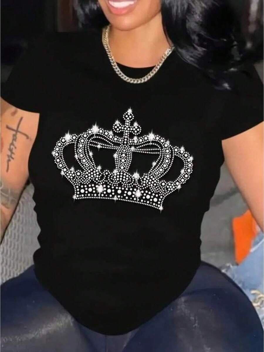 New 2026 Mujer Sexy Playera Ajustada Diamante Cadena Impresa Cuello Redondo Manga Corta Verano Fiesta Diario T-shirt - Negro - Ver 1