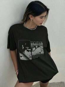 Camiseta Holgada de Manga Corta con Cuello Redondo para Mujer , con Estampado de Letras, Camiseta Gráfica de Verano, Camiseta Oversize, Estilo Preppy, Transpirable y Cómoda - Negro - Ver 5
