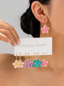 4 Pairs/Set Dopamine Colorful Enamel Plumeria Earrings Set, Suitable For Women's Daily, Party, Vacation Wear - Multicolor - View 2