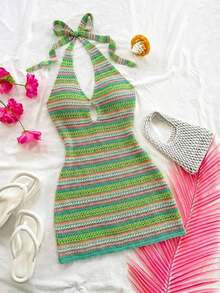 Vestido mini casual para vacaciones, boda en la playa, graduación, brunch, Día de San Patricio, vacaciones de primavera, Pascua, festival de música, elegante bohemio, tropical elegante sin tirantes, hombros descubiertos, espalda descubierta para of - Verde - Ver 1