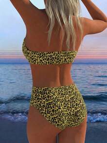 New Arrival Sexy Leopard Print Bandeau Top And High Waist Bikini Bottom 2-Piece Swimwear Set Vacation Beach - Ginger - View 4