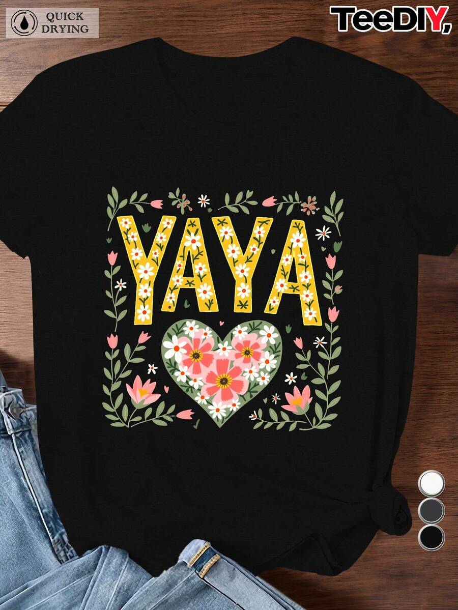 YAYA Women's Short Sleeve Sports T-Shirt With Floral Heart Print | Round Neck, Slightly Stretchy Fabric, Casual Style, Suitable For All Seasons. A Very Distinctive Printed T-Shirt / Unisex Style / Suitable For Both Men And Women / Wrinkle-Resistant / Breathable - 黑色 - 查看 1