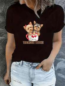 LooseCamiseta para Mujer con Diseño de Yorkshire Terrier Amor en Taza Estilo Divertido y Tierno para Amantes de Perros Casual VeranoBasic Crew Neck Cotton T-shirt for Women - Negro - Ver 8