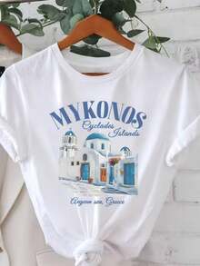 Limited Edition Women's Short-Sleeved T-Shirt, Size [Size Missing], Summer Style, Crew Neck, Breathable And Printed, Featuring A Design Of The Cyklades Islands Of Mykonos, Greece. Suitable For All Seasons, Simple, Perfect For Holiday Gifts, Everyday Wear, And Ideal For Cool Summer Days. Lightweight Cotton. - 白色 - 查看 6