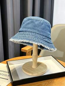 1 pieza Sombrero de cubo de mezclilla para mujer, diseño clásico lavado y con bordes desgastados para primavera y verano, protección solar, adecuado para uso al aire libre y en la playa - Multicolor - Ver 9
