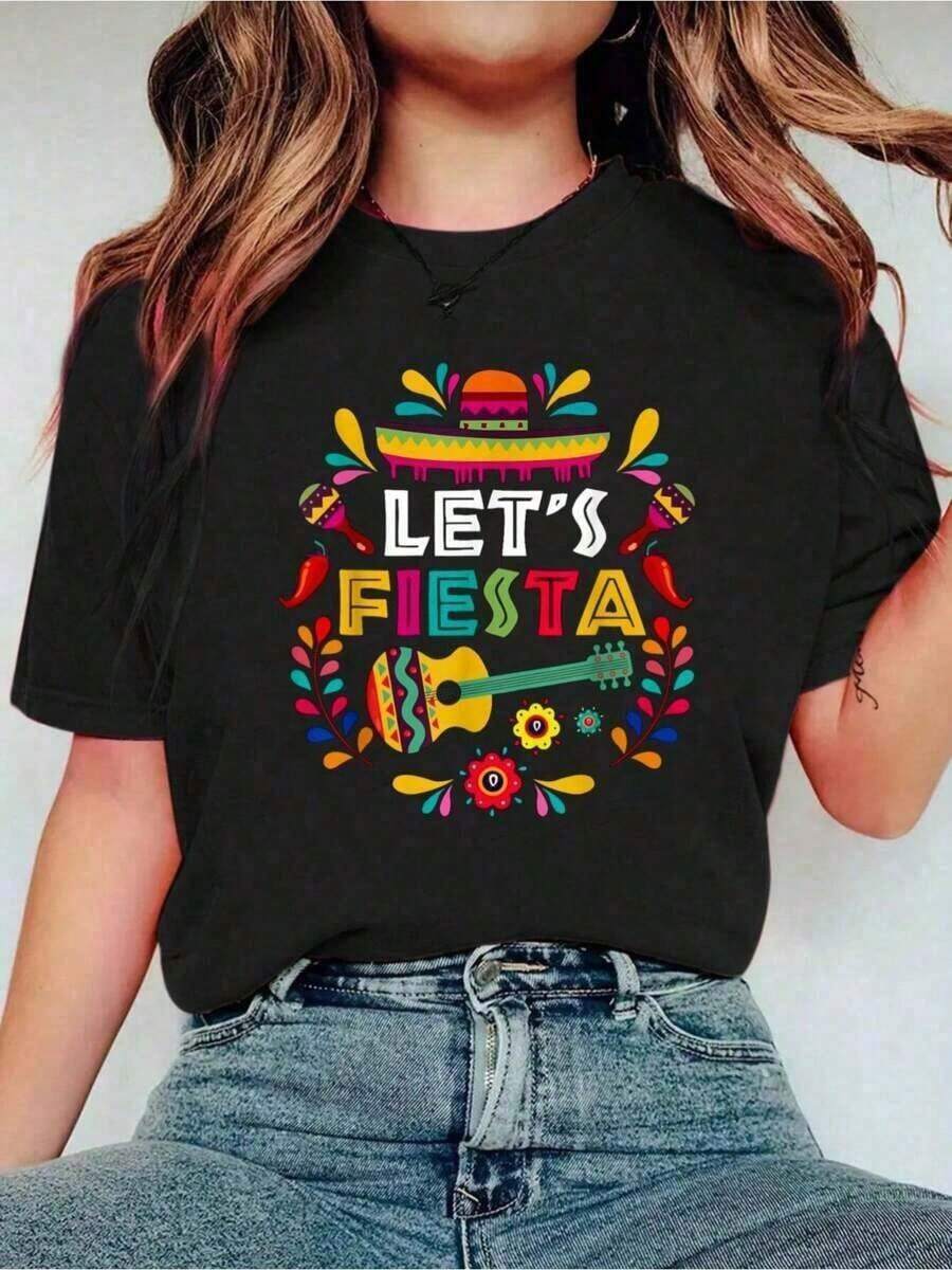 Playera mujerLets Mexican Fiesta Cinco De Mayo Party Colorful Guitar Fun Wo Fashionable Casual Round Neck Short Sleeved Shirt Western Graphic Tees Men Clothes Camisas Para Hombre Graphic Tees Women Clothes Summer Tops Summer Clothes Graphic Tee ShirtsCasual diario - Negro - Ver 1