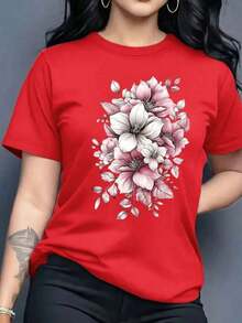 Women's Graphic T-Shirt, Short Sleeve, Round Neck, Basic, Comfortable, Cool, Lightweight, Modern, Youthful, Feminine, Floral Print, Lily, Leaves, 3D - 紅色的 - 查看 7