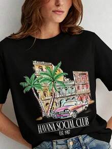 Women Havana Social Club T-Shirt Loose Short Sleeve Vintage Boho Graphic Tees Cute Aesthetic Vacation T Shirt Retro Summer Tops,Women's Graphic Round - 黑色 - 查看 9