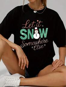 Women's Christmas T-Shirt, Comfortable Round Neck, Short Sleeve Soft And Breathable Cotton, Casual Summer And Spring Clothing, Urban Fashion - 黑色 - 查看 6