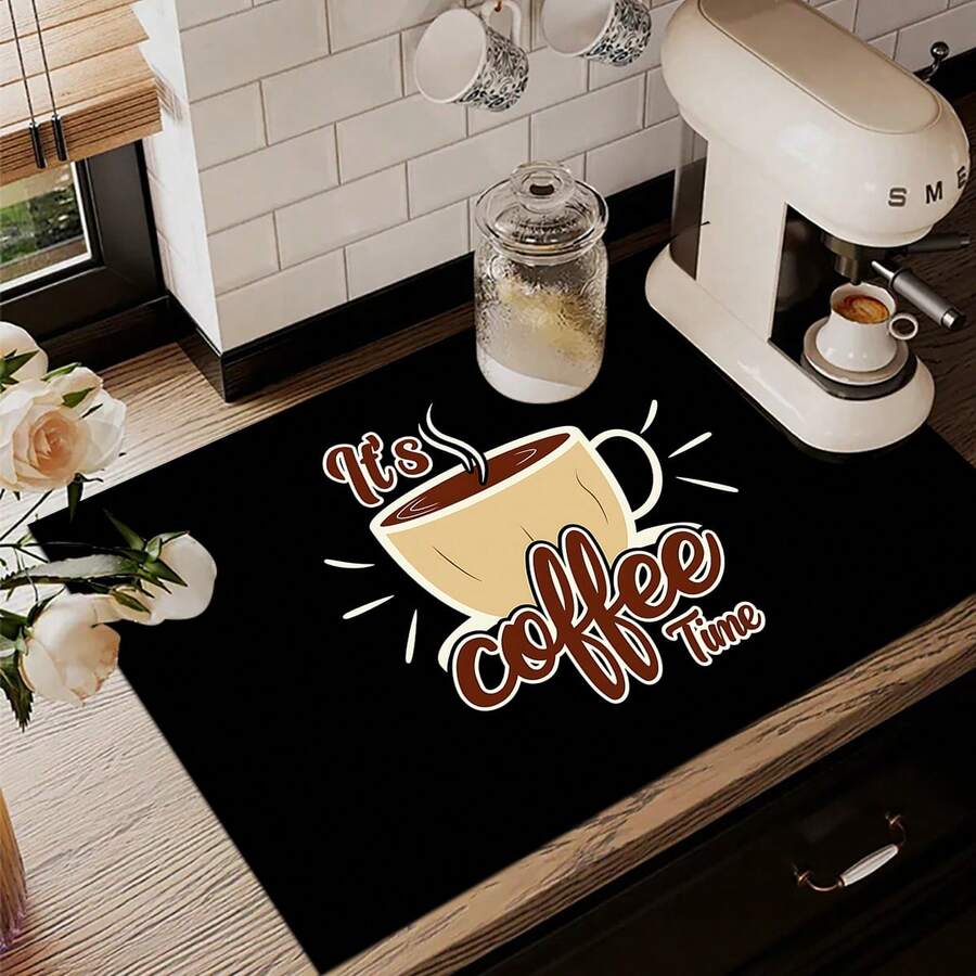 1 pieza Felpudo absorbente con diseño de hora del café, decoración del hogar, felpudo absorbente para encimera de máquina de espresso, felpudo de drenaje del fregadero, felpudo absorbente suave para grifos, accesorios de baño, suministros de cocina - Multicolor - Ver 1