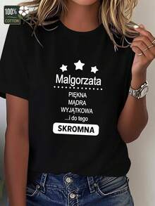 Camiseta Casual de Mujer 100% Temática Polaca - Diseño Malgorzata, Cuello Redondo con Estampado Cultural Polaco, Ajuste Cómodo para Todas las Estaciones - Negro - Ver 1