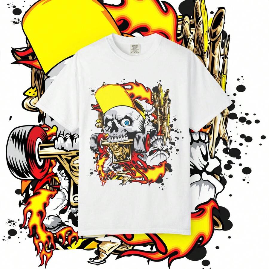 Camiseta Skull SK1ATEboard Rider con estampado de llamas y gorra amarilla, estilo grunge streetwear. Confeccionada en algodón puro de 220 g y manga corta, es de tejido grueso, resistente a las arrugas y a la deformación. Su diseño sencillo y versátil la hace ligera y transpirable, ideal para ir al trabajo, viajar, acampar, ir de compras y para el tiempo libre. - Blanco - Ver 1